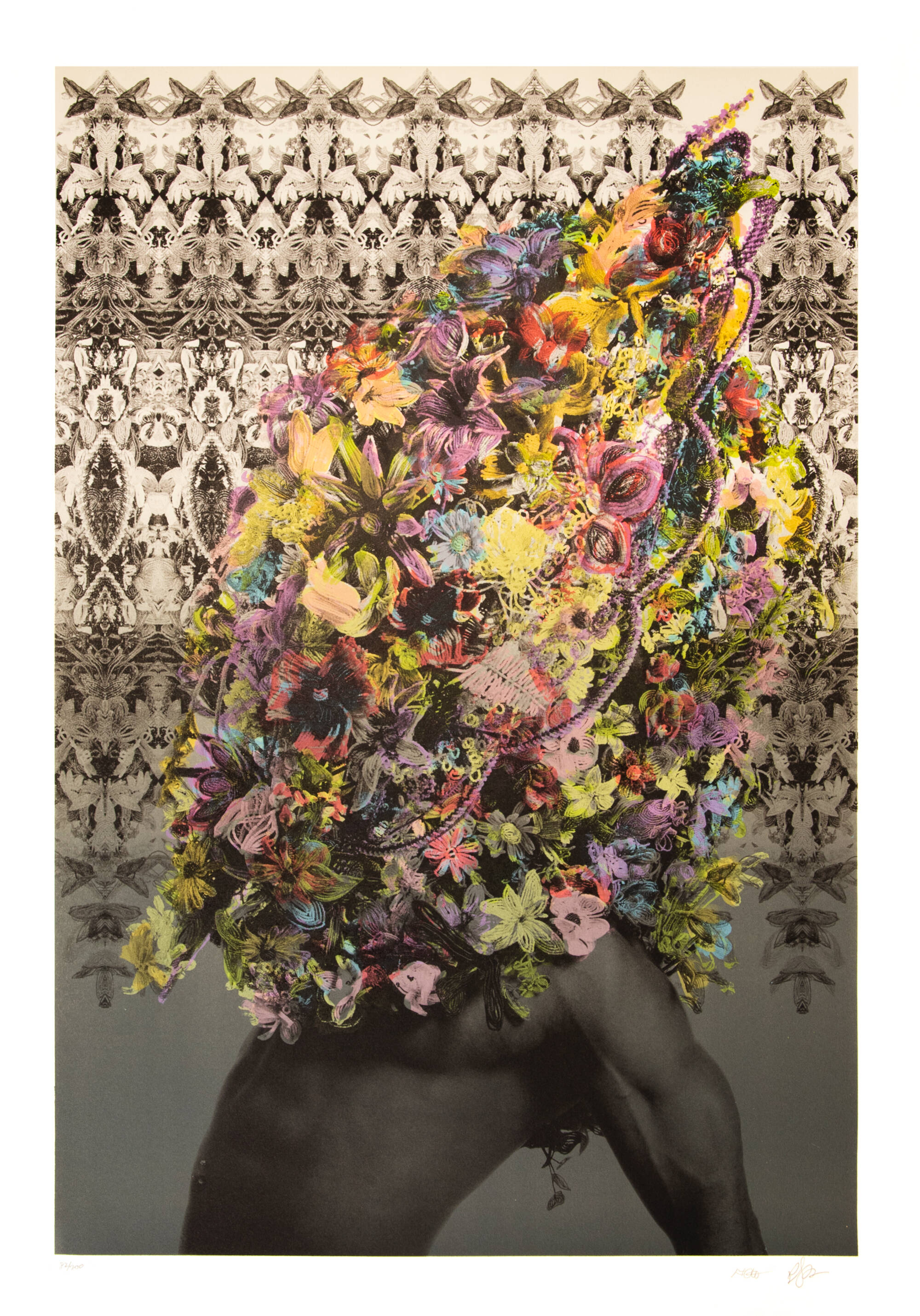 Image of a person, bending backwards, with their neck and face covered in flowers. Lace design in the background.